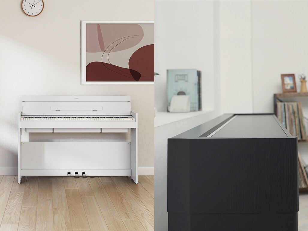 An ARIUS piano blending in with the living room interior, and an ARIUS piano with a flatter, more compact design owing to its lid being closed