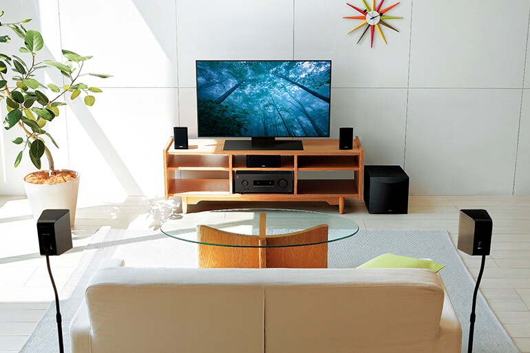YHT-4970U and a TV displaying a mystical forest.