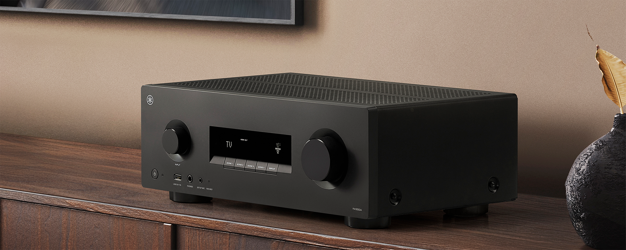 The RX300A placed on a brown shelf.