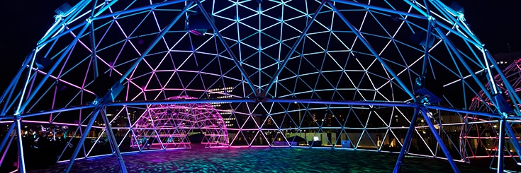 glowing dome, hexagonal ‘portals’ and other illuminated geometric-shapes