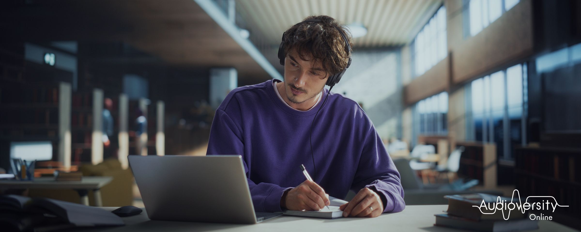 Key visual for Audioversity Online: a man focused on an online training session.