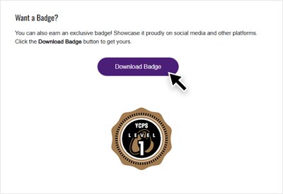 Page with button to download course completion badge. Screenshot described in more detail in a nearby text.