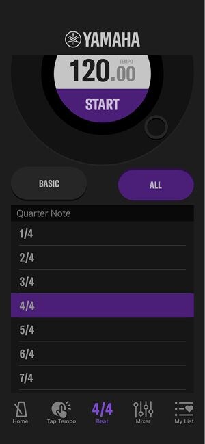 The right screenshot shows the 'ALL' options, including more complex signatures like 1/4, 2/4, 5/4, and 7/4.