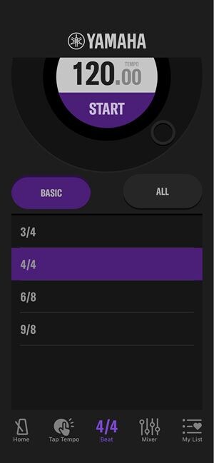The left screenshot shows the 'BASIC' time signature options like 3/4 and 4/4.