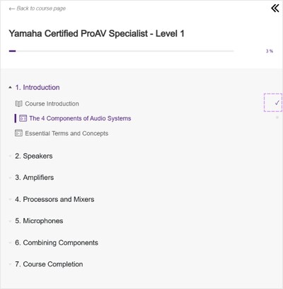 Example of completed modules marked with checkmarks. Screenshot described in more detail in a nearby text.
