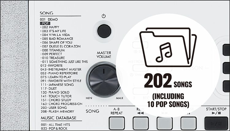202 built-in songs, including 10 pop songs, plus the ability to drag and drop more songs from a computer