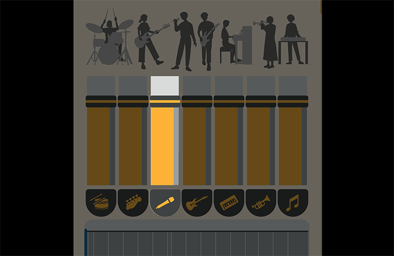 A screen capture of an audio source separated into different parts, such as guitars, vocals, drums, bass, pianos, and wind instruments.