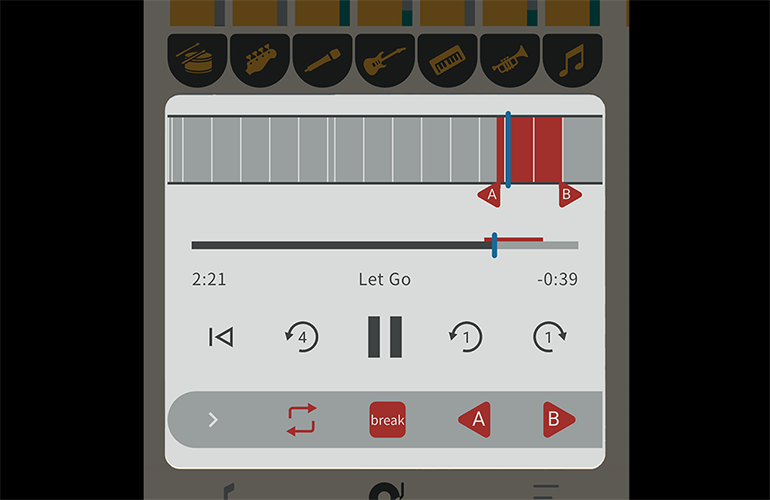 A screen captures of settings such as repeat playback, tempo adjustment, and key changes