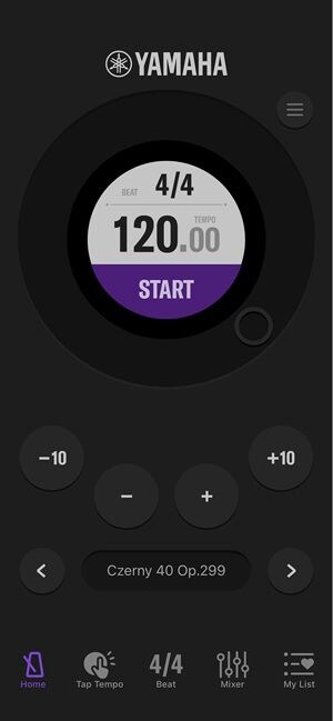 A dark-mode screenshot of a mobile metronome application interface from YAMAHA.