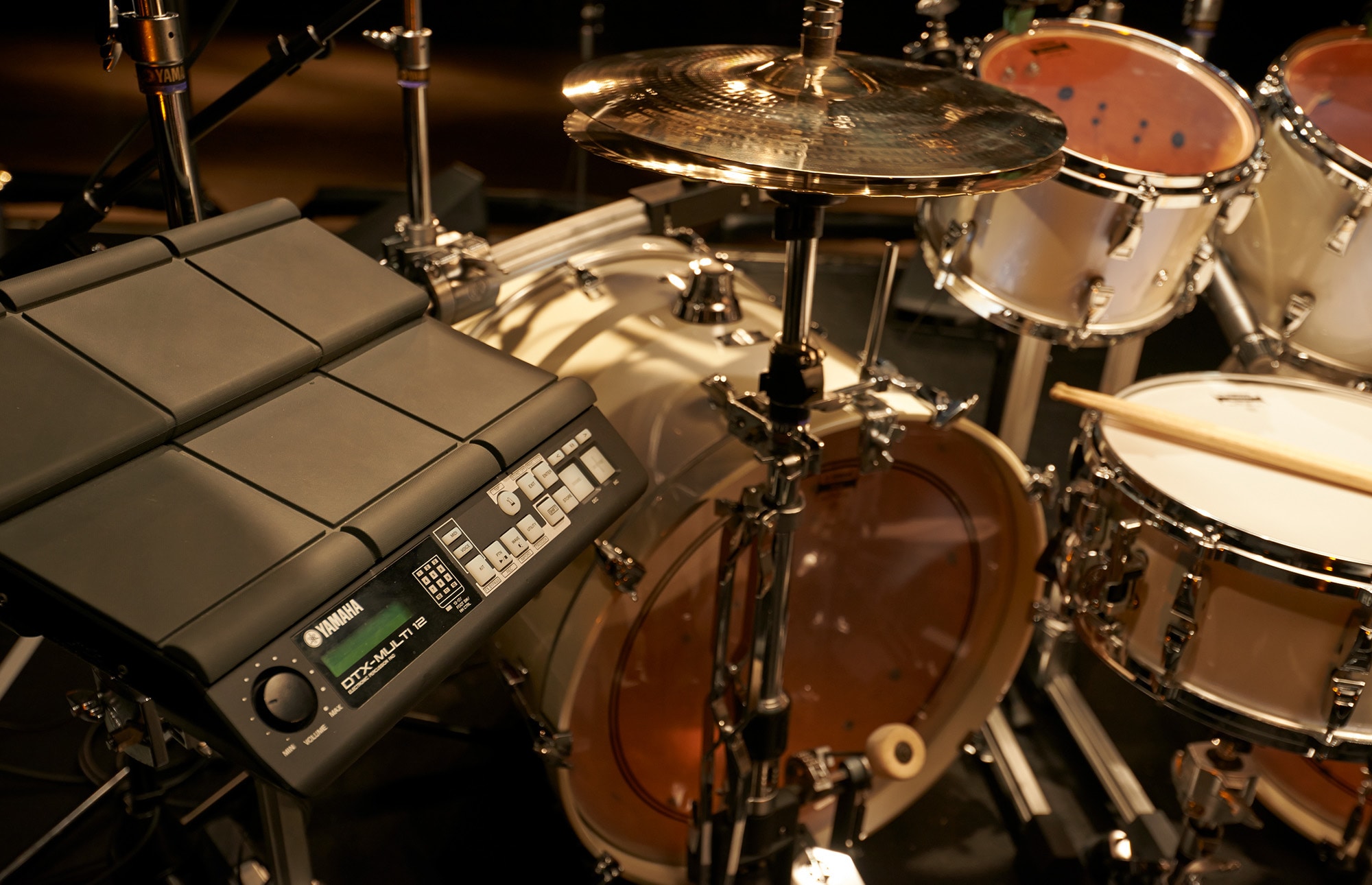 Drum Set on Stage with Mixer