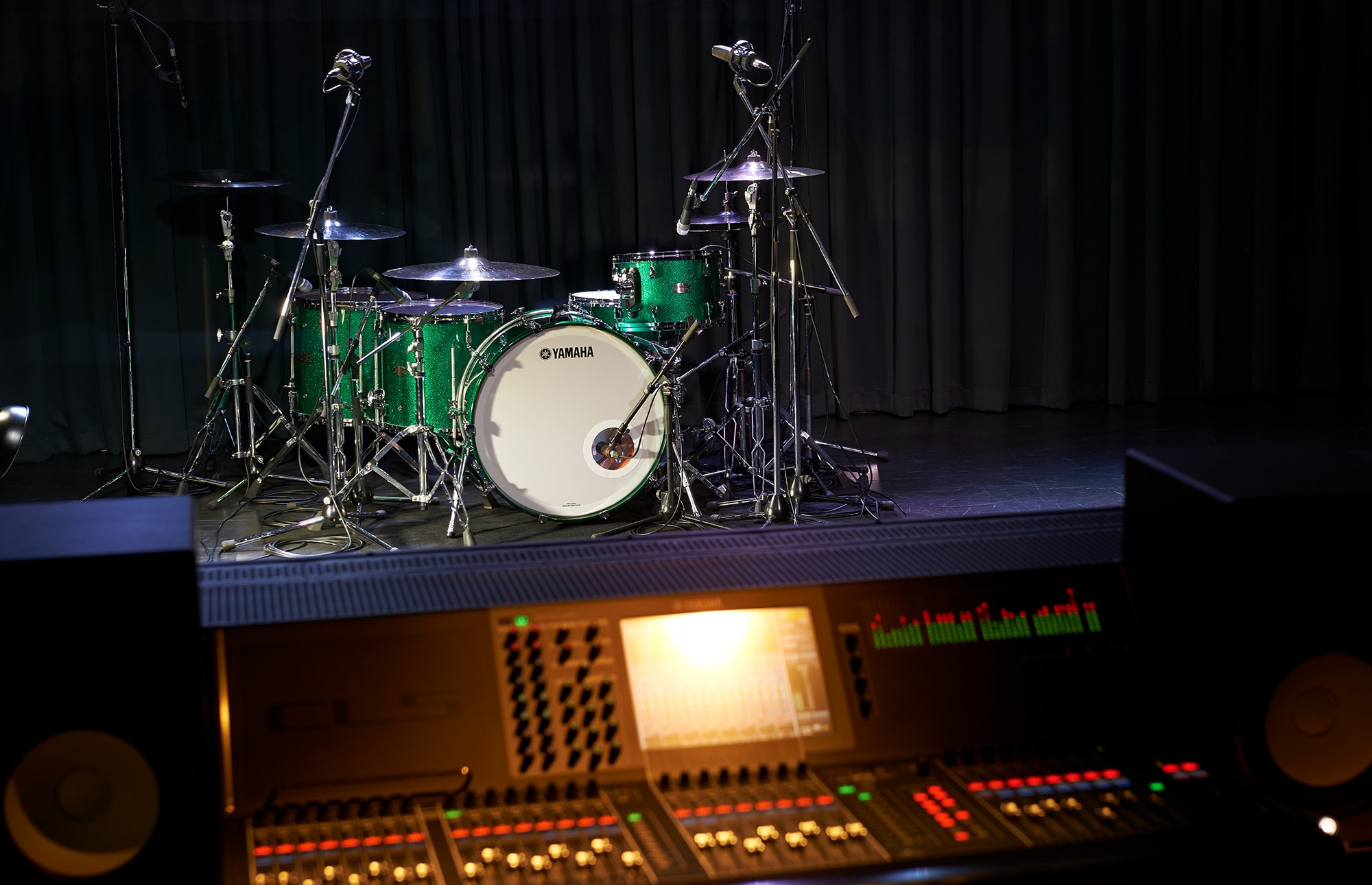 Drum Set on Stage with Mixer