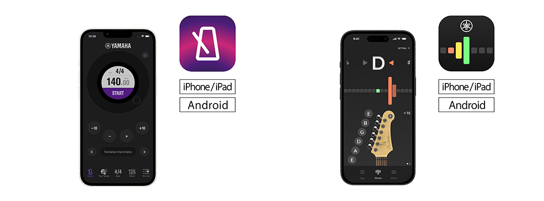 Two smart phones showing the Metronome and Guitar Tuner user interface on the phone screen.