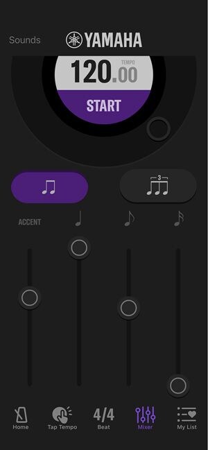 Yamaha mobile metronome application interface with a dark theme showing the white YAMAHA logo and a central semi-circular display showing a tempo of "120.00" and a purple "START" button.