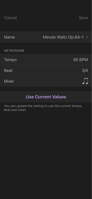 A dark-mode screenshot of a mobile app's song detail settings screen.