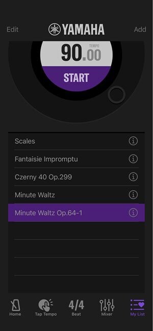 A screenshot of a mobile app's song settings screen in dark mode, showing fields to edit a musical piece named 'Minute Waltz Op.64-1' with specific metronome and mixer settings.