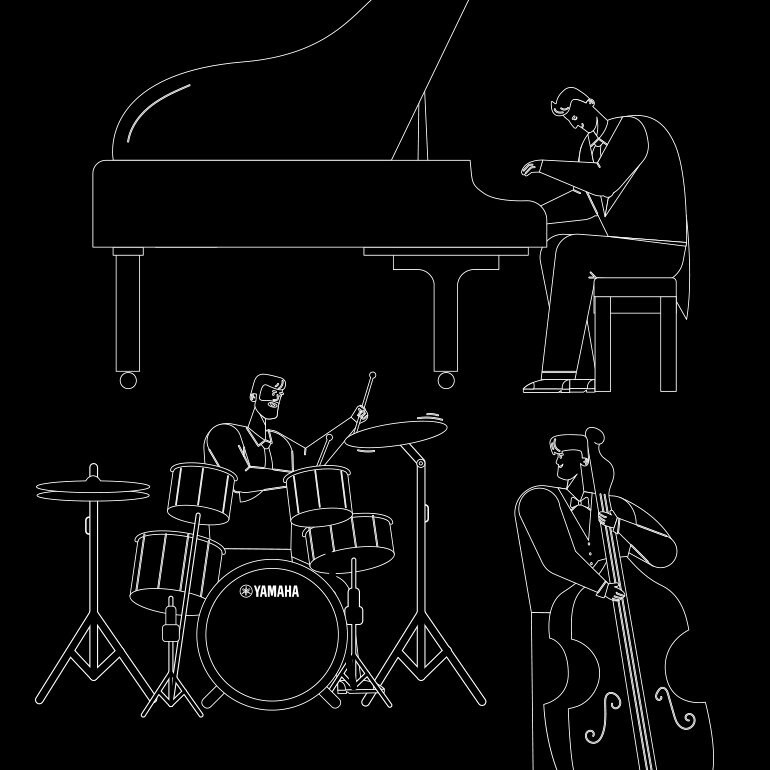 collage image drawing of man playing piano, drums and bass