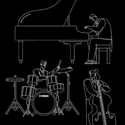 collage image drawing of man playing piano, drums and bass