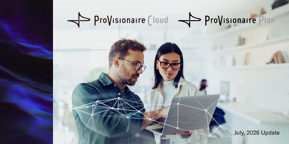 A main visual representing new features and updates to PVPlan and PVCloud. A man and a woman are working at a PC, managing systems and configuring settings through a cloud-based platform.
