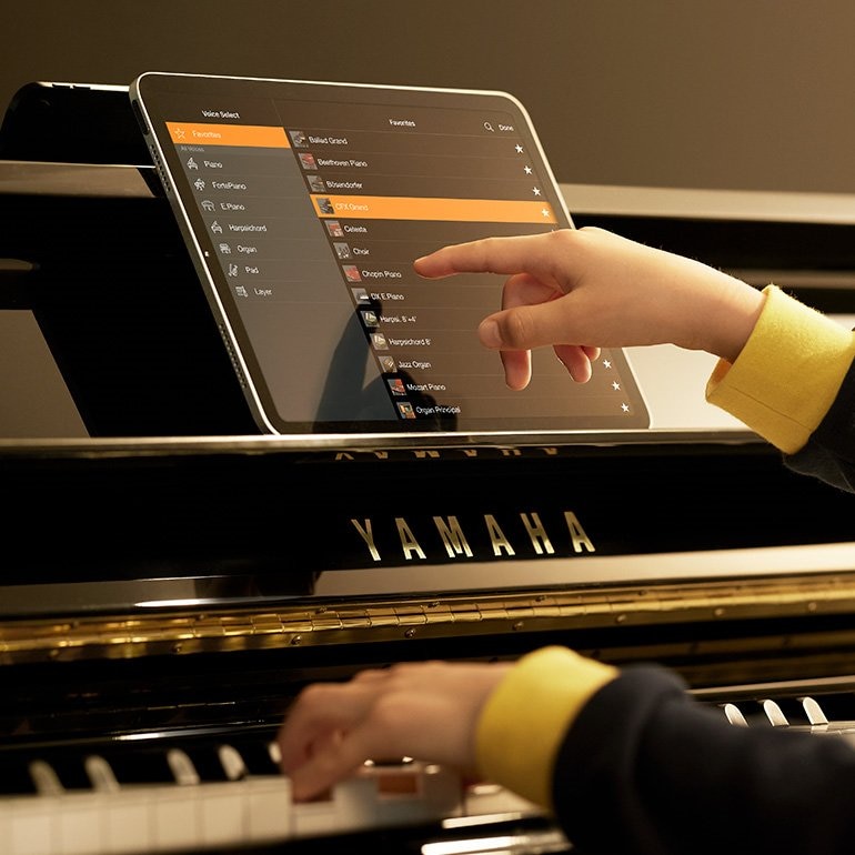 Image showing Transacoustic piano with an ipad uaing Smart pianist app