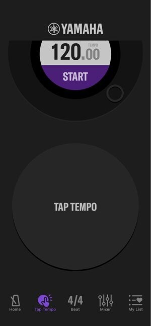 A screenshot of a dark-themed Yamaha metronome mobile application interface, showing the "Tap Tempo" feature.
