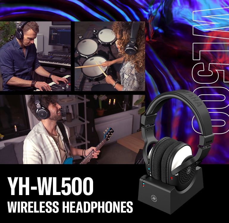 YH-WL500 headphones in charging dock. Guitarist, keyboardist, & drummer wearing YH-WL500 - Mobile