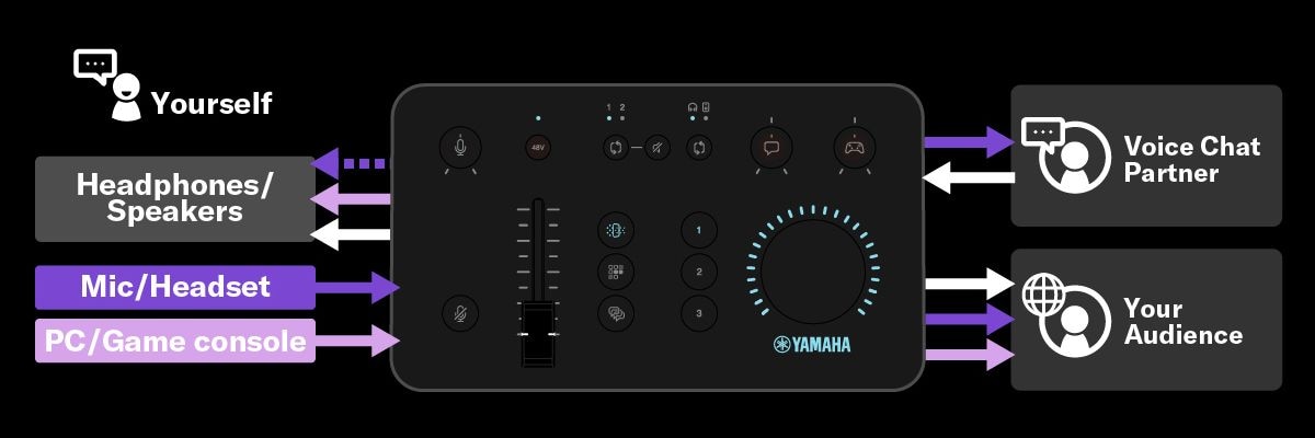 Image of Yamaha ZG01 which explains that dedicated driver allows individual signals to be assigned to multiple client software applications.