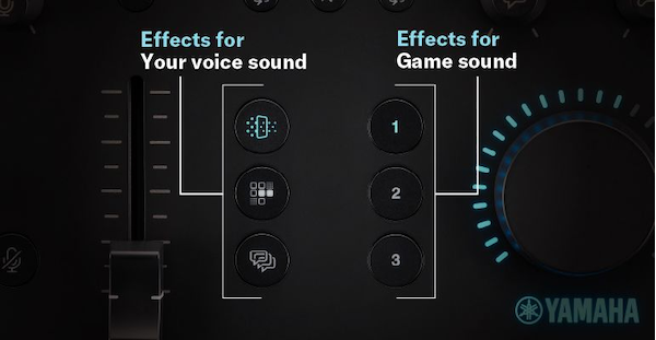 Image of ZG01 gaming mixer displaying the preset buttons for voice sound and game sound